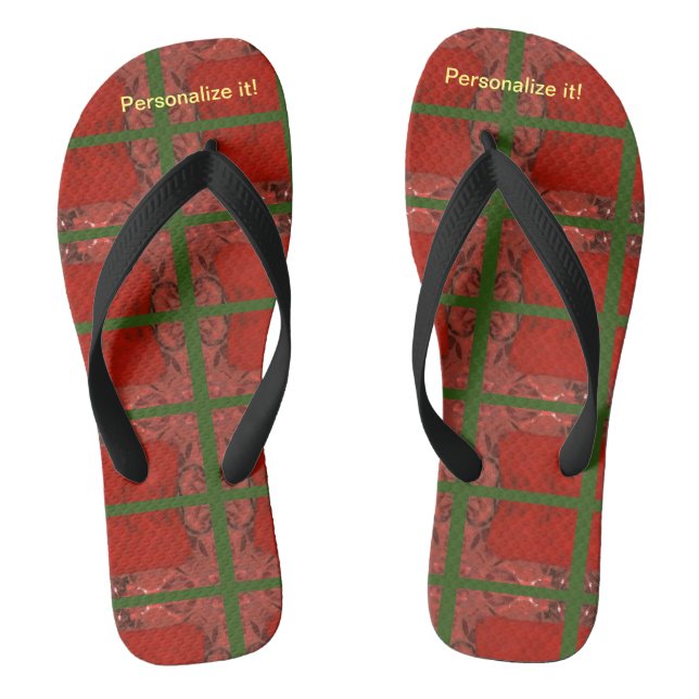 Hot red and green abstract design flip flops. thongs (Footbed)