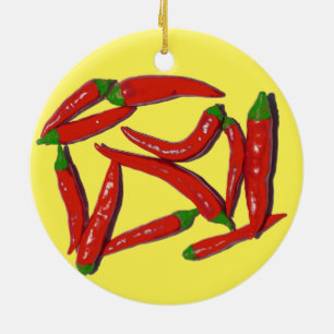 Hot Red Chilli Peppers Pattern Ceramic Ornament