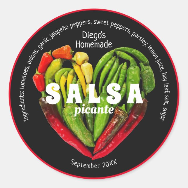 Hot red green chilli pepper heart black food label (Front)