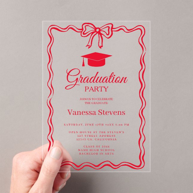 Hot Red Hand-drawn Curve wavy Graduation Acrylic Invitations (Insitu (Handheld))
