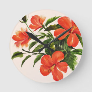 Hot Red Hibiscus Round Clock