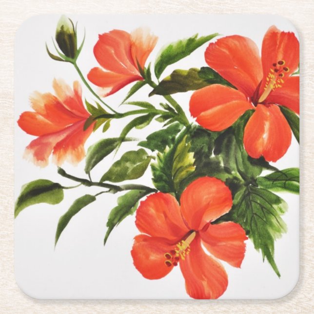 Hot Red Hibiscus Square Paper Coaster (Front)