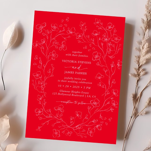 Hot Red Pink Blossom Flowers Wedding Invitation (Creator Uploaded)