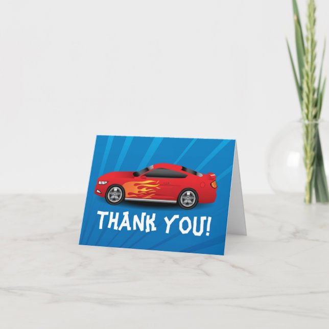 Hot Red Race Car Flames Boy's Birthday Thank You Card (Front)