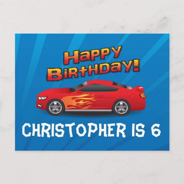 Hot Red Race Car with Flames Boy's Birthday Party Invitation Postcard (Front)