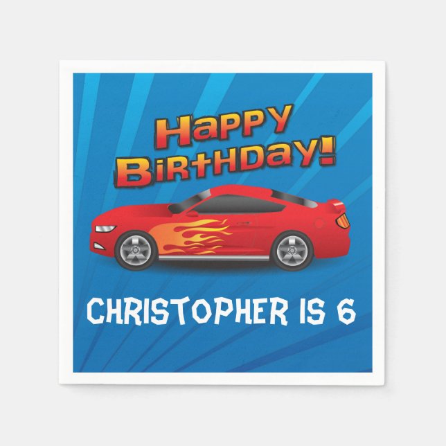Hot Red Race Car with Flames Boy's Birthday Party Napkin (Front)