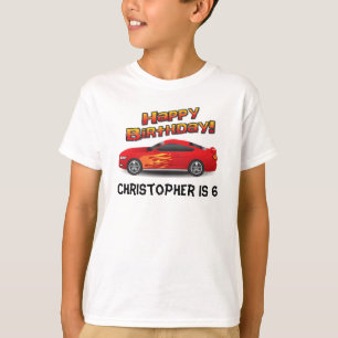 Hot Red Race Car with Flames Boy's Birthday Party T-Shirt