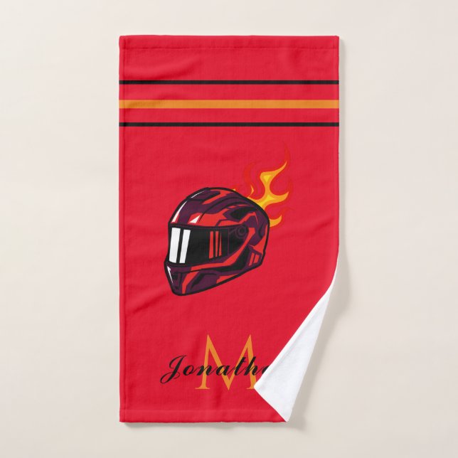 Hot Red Racing Helmet Modern Graphics Boys Name  Hand Towel (Hand Towel)