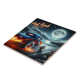 Hot rod racing by a moonlit lake ceramic tile
