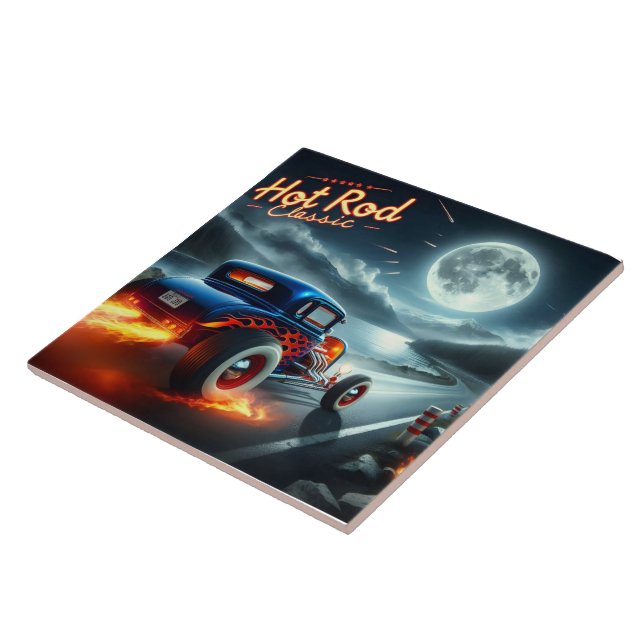 Hot rod racing by a moonlit lake ceramic tile (Side)