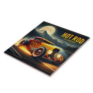 Hot rod zooms by moonlit lake ceramic tile