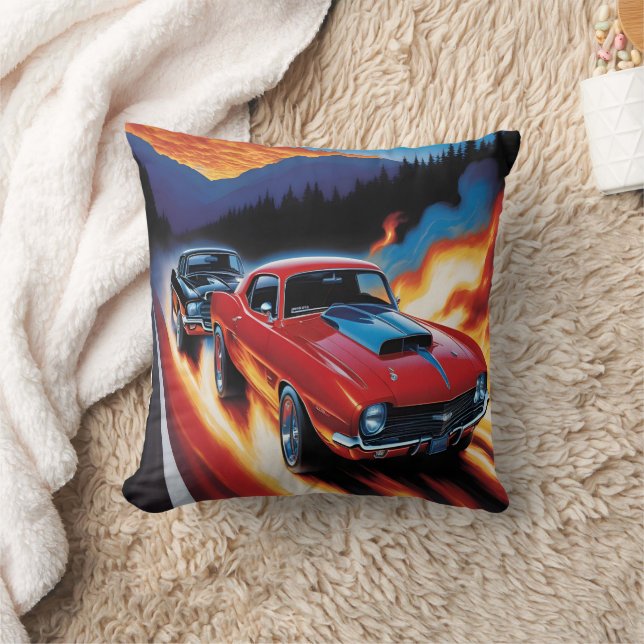 Hot rods racing at sunset in mountains cushion (Blanket)