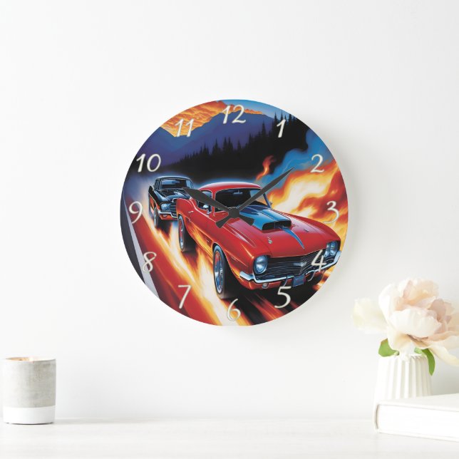 Hot rods racing at sunset in mountains large clock (Home)