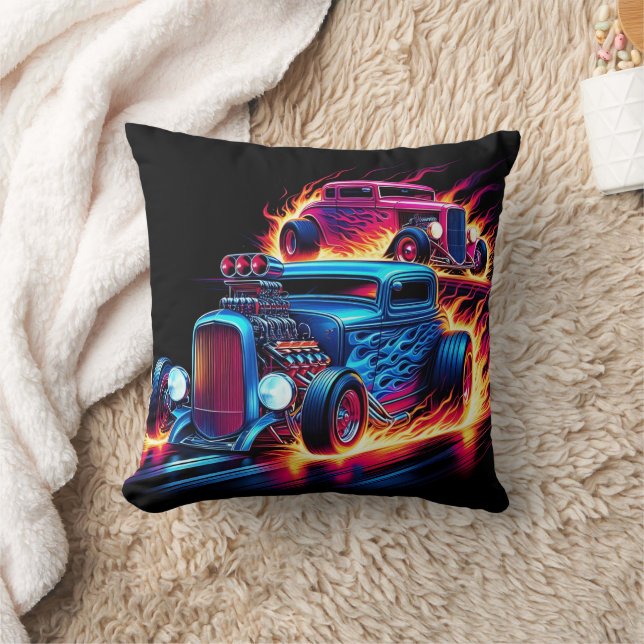 Hot rods racing through a fiery landscape at dusk cushion (Blanket)