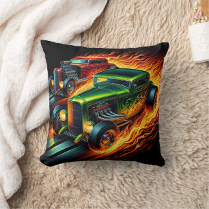 Hot rods racing through a fiery night landscape cushion
