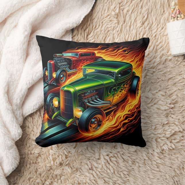 Hot rods racing through a fiery night landscape cushion (Blanket)