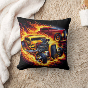 Hot rods racing through a fiery night landscape cushion