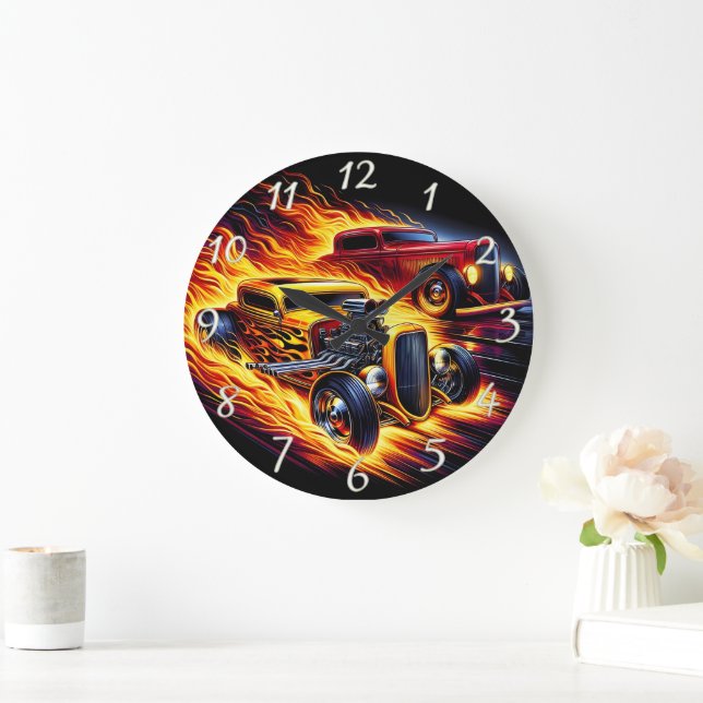 Hot rods racing through a fiery night landscape large clock (Home)