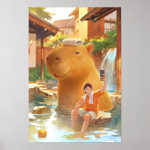 Hot Spring Moment: Giant Capybara Selfie Art Poster