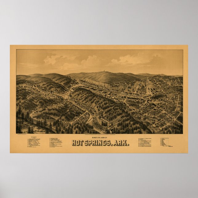 Hot Springs, AR Panoramic Map Birds Eye View Poster (Front)