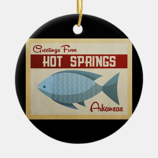 Hot Springs Arkansas Blue Fish Vintage Travel Ceramic Ornament (Front)