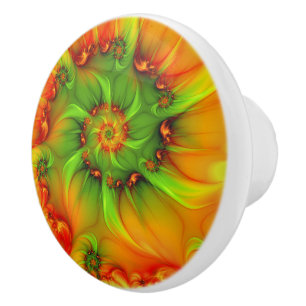 Hot Summer Green Orange Abstract Colourful Fractal Ceramic Knob