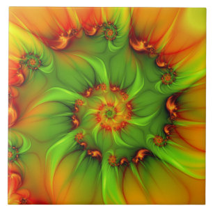 Hot Summer Green Orange Abstract Colourful Fractal Ceramic Tile