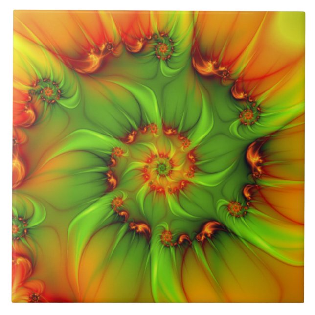 Hot Summer Green Orange Abstract Colourful Fractal Ceramic Tile (Front)