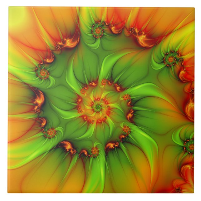 Hot Summer Green Orange Abstract Colourful Fractal Ceramic Tile (Front)
