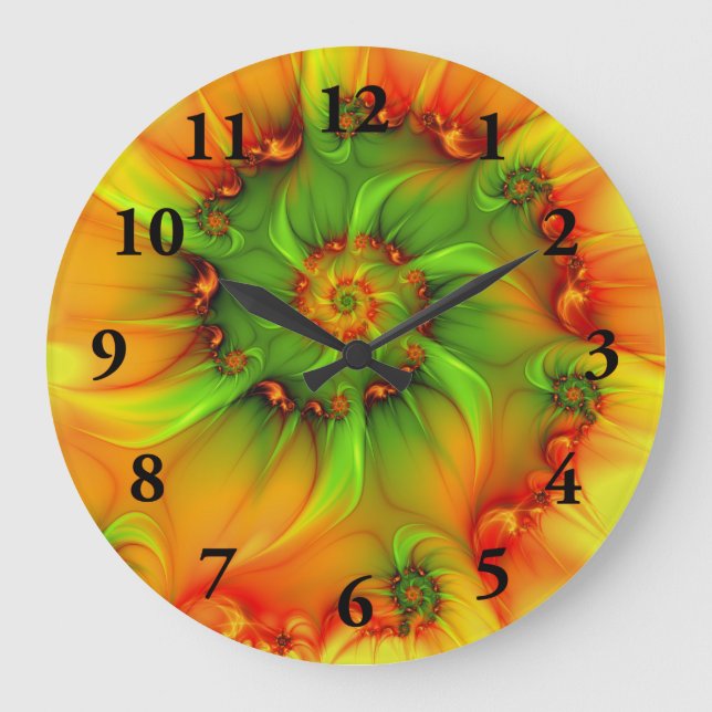 Hot Summer Green Orange Abstract Colourful Fractal Large Clock (Front)