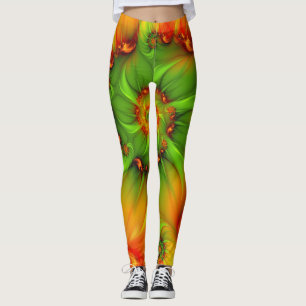 Hot Summer Green Orange Abstract Colourful Fractal Leggings