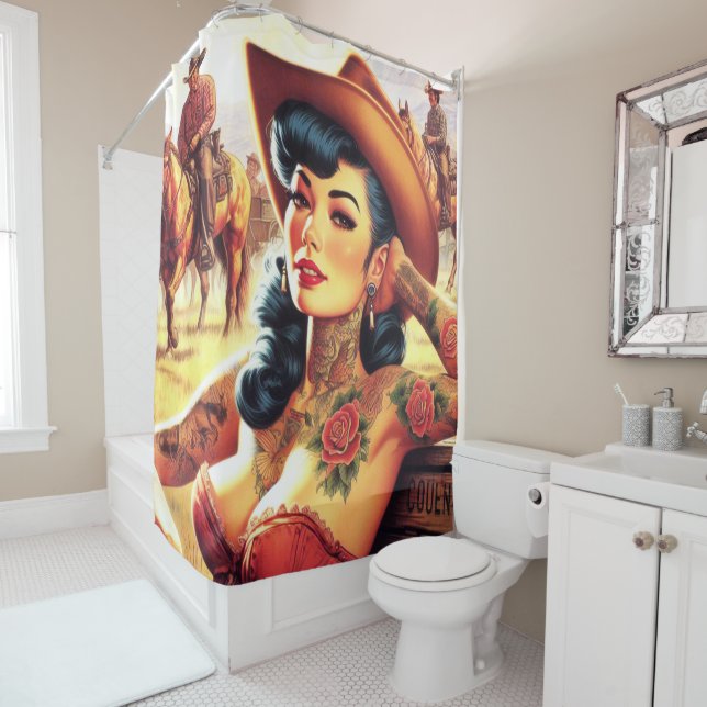 Hot Tattoo Cowgirl Shower Curtain (In Situ)