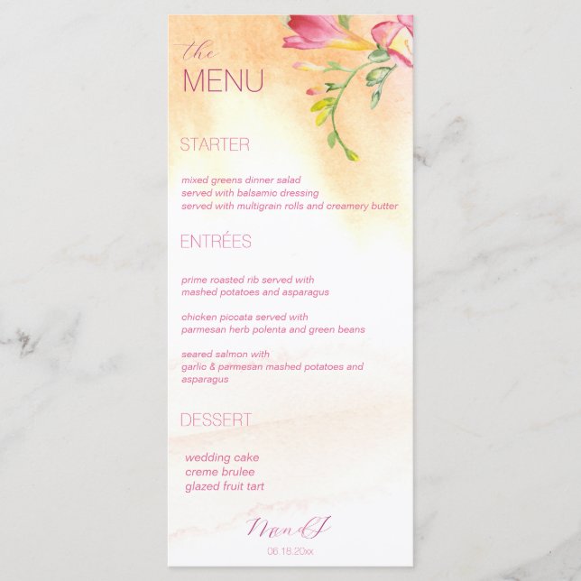 Hot Tropical Freesia Watercolor Menu (Front)