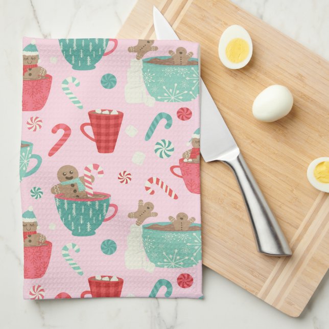 Hot Tub Gingerbread Cute Pink Hot Cocoa Pattern Ac Tea Towel (Quarter Fold)