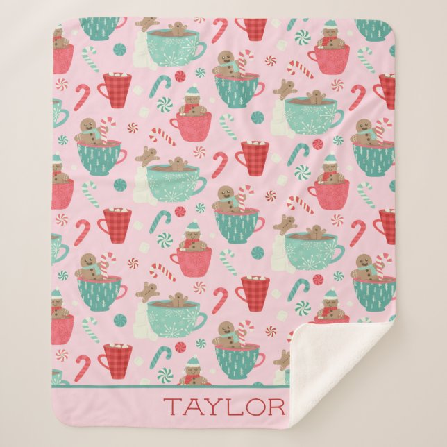 Hot Tub Gingerbread Cute Pink Hot Cocoa Pattern Sherpa Blanket (Front)