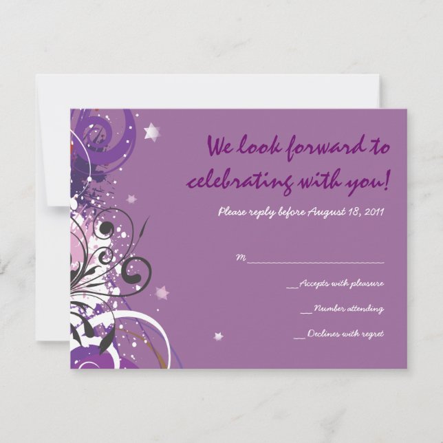 Hot Violet Swirls Stars Bat Mitzvah Reply Card (Front)