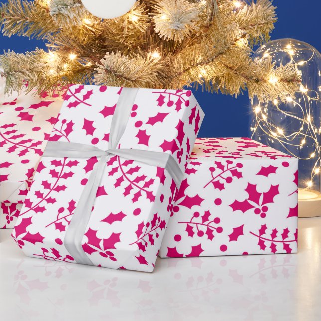Hot White & Pink Winter Christmas Holly Wrapping Paper (Holidays)