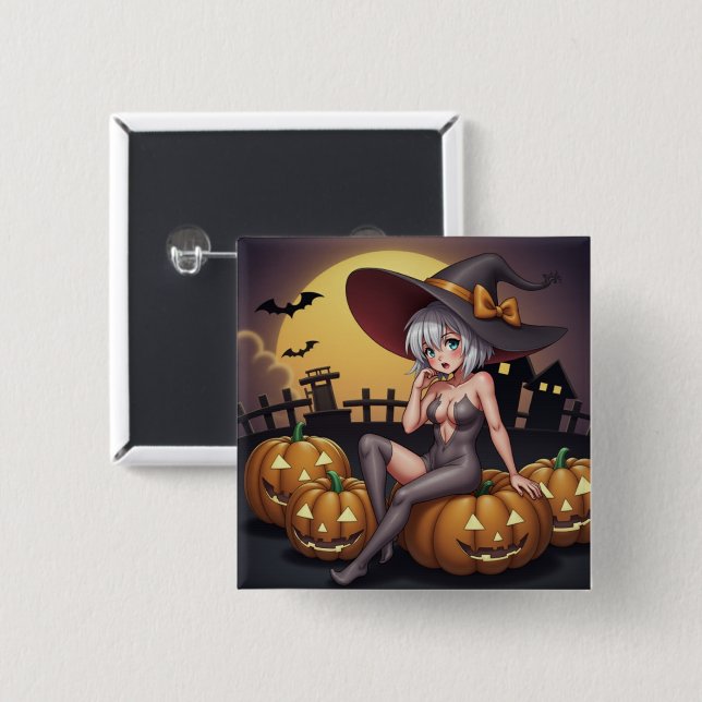 Hot Witch in Halloween Pumpkin Patch 15 Cm Square Badge (Front & Back)