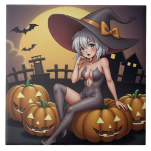 Hot Witch in Halloween Pumpkin Patch Ceramic Tile