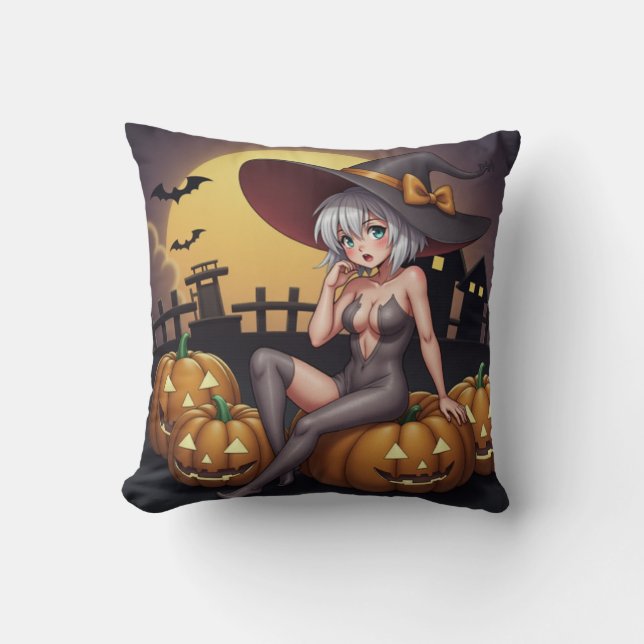 Hot Witch in Halloween Pumpkin Patch Cushion (Front)