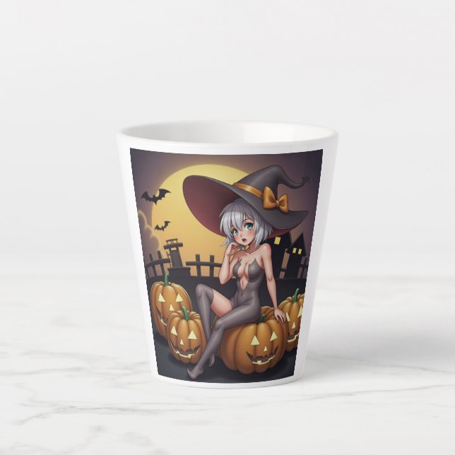 Hot Witch in Halloween Pumpkin Patch Latte Mug (Front)