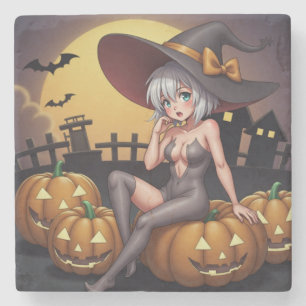 Hot Witch in Halloween Pumpkin Patch Stone Coaster