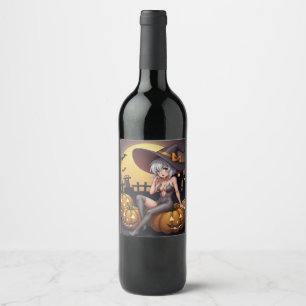 Hot Witch in Halloween Pumpkin Patch Wine Label