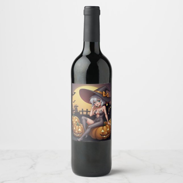 Hot Witch in Halloween Pumpkin Patch Wine Label (Front)