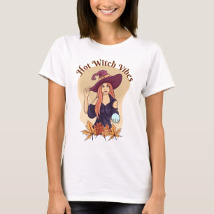 Hot Witch Vibes Cute Ghost Funny Halloween Groovy T-Shirt
