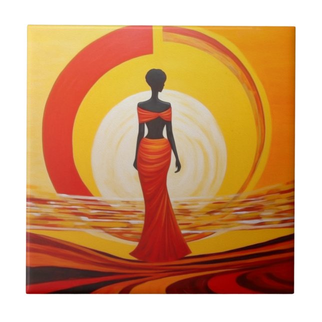 Hot yellow orange red african woman art painting ceramic tile (Front)