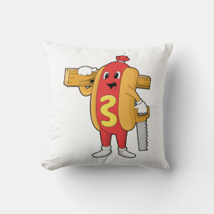 Hotdog as Carpenter with Saw & Wood Cushion