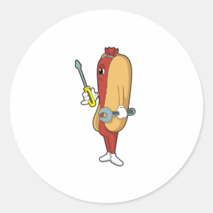 Hotdog as Mechanic with Tool Classic Round Sticker