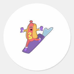 Hotdog as Snowboarder with Sonowboard Classic Round Sticker