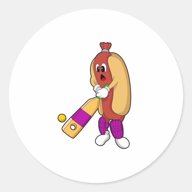 Hotdog at Cricket with Cricket bat Classic Round Sticker (Front)